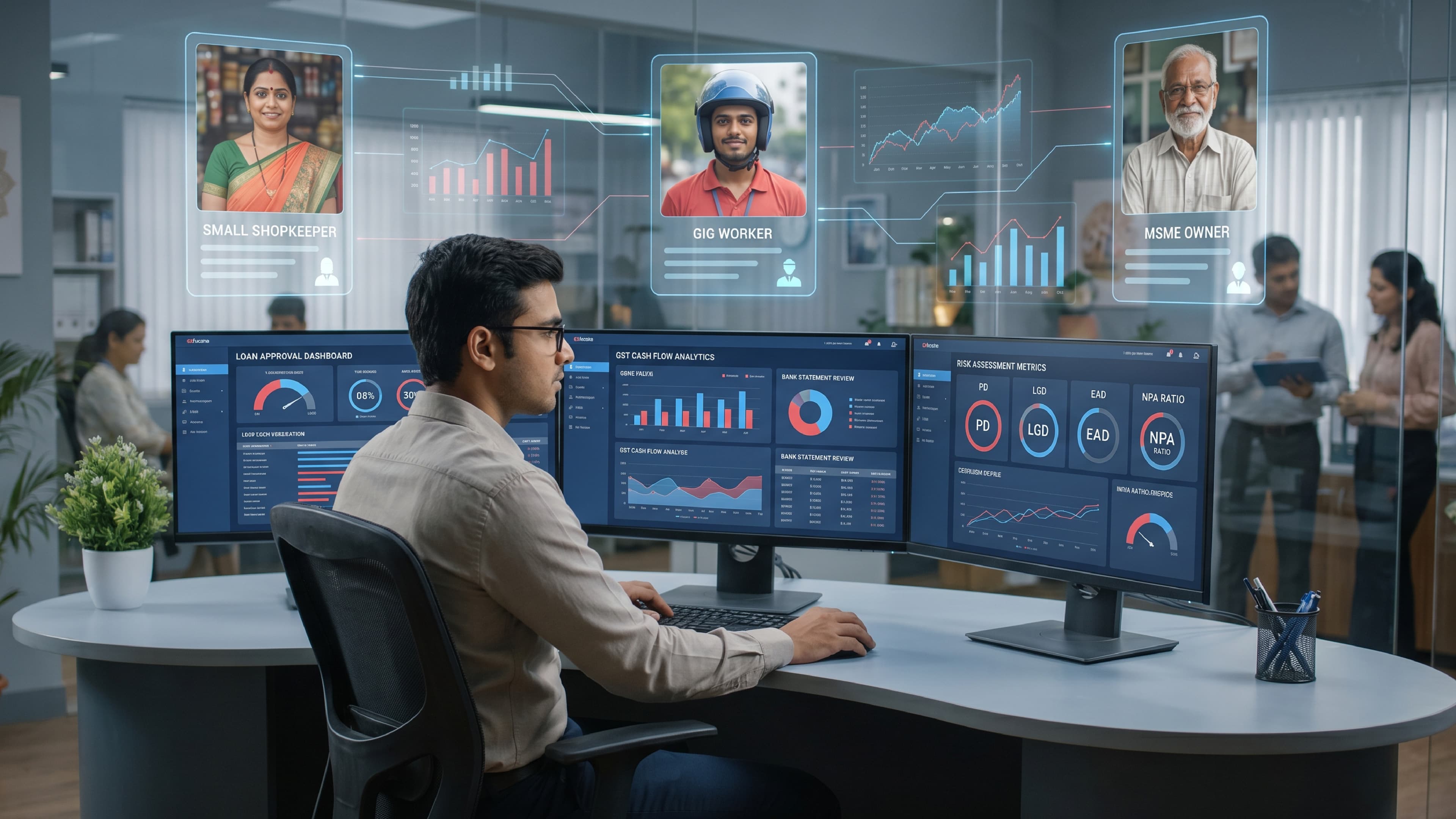 Credit risk assessment dashboard analyzing loan eligibility for MSMEs, shopkeepers, and gig workers using financial analytics.