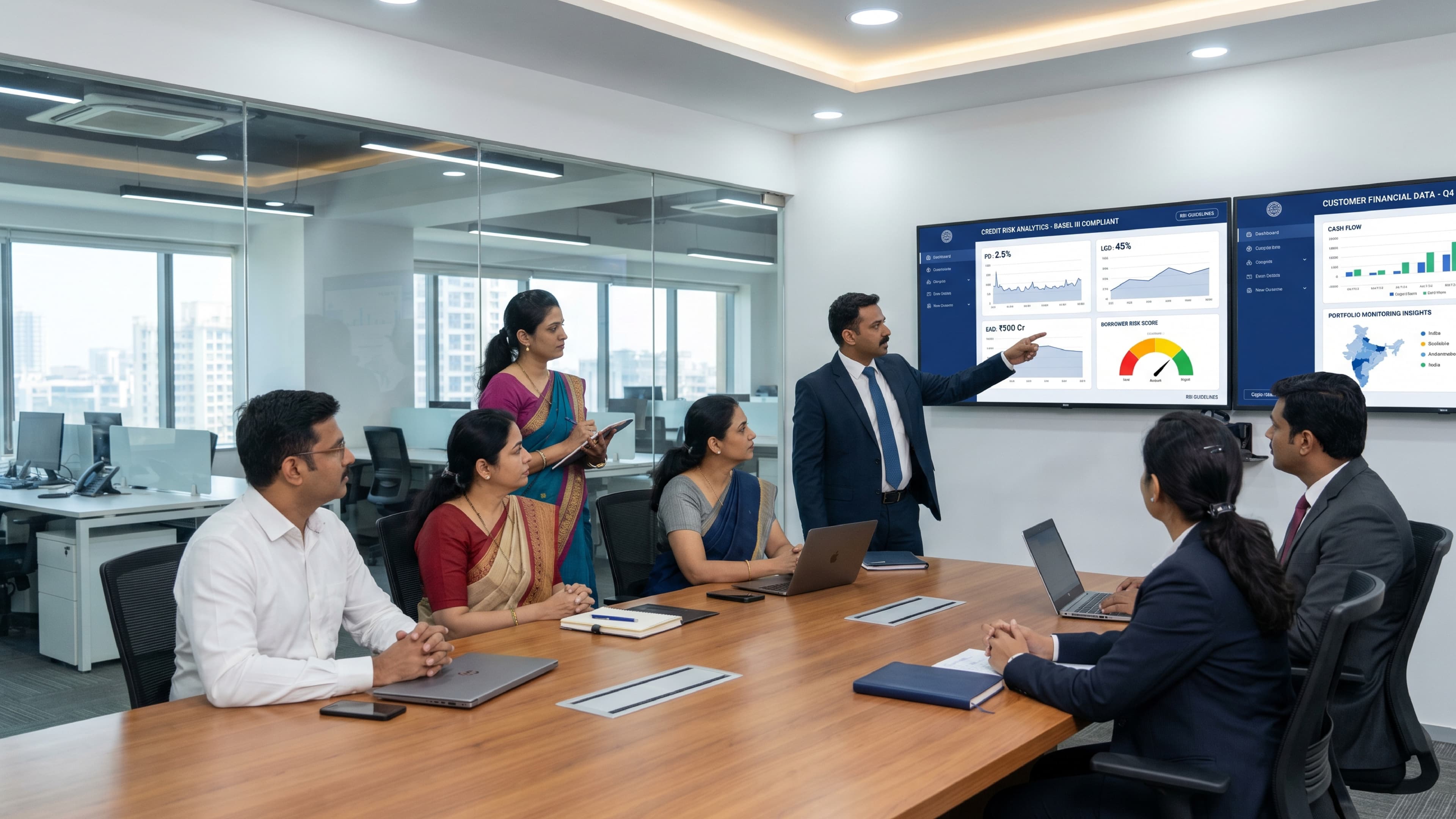 Financial professionals discussing credit risk modelling and analytics dashboards during a meeting.