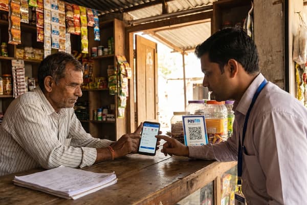 Representative assisting a merchant with UPI QR setup and digital payment onboarding at a retail store.
