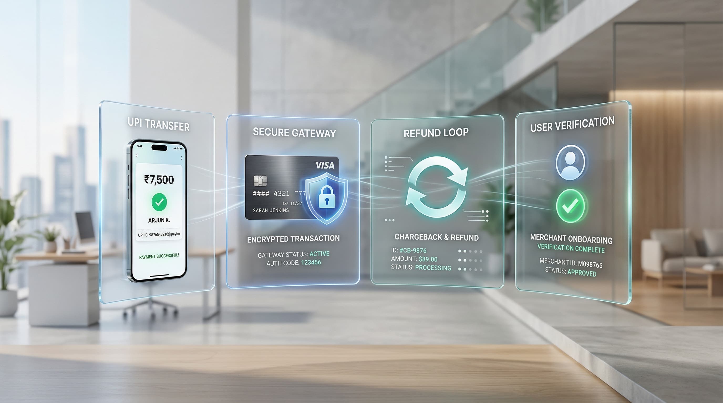 Digital payments interface illustrating UPI transfer, payment gateway security, refunds, and merchant verification.
